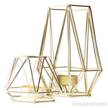 Комплект от 2 златни геометрични метални свещници Tealight за декорация на хола, баня - Централните елементи за сватби и вечеря
