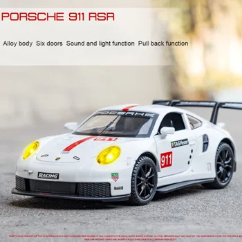 1/32 Porsche 911 RSR Модел на Колата От Лят Сплав Със Звук и Светлина, с Четири Врати, Отворени, Подарък За Рожден Ден, Играчки За Деца