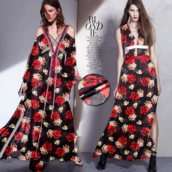135 см, ширина 8 мм с принтом червена роза, черна тънка коприна шифоновая кърпа за летния дълъг и кратък рокли, ризи, дрехи D523