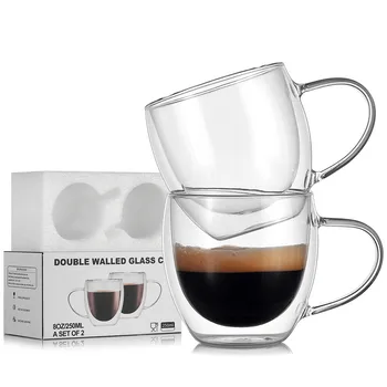2 елемента Домакински Набор от Кафе Чаши С Дръжка Високо Двухслойное Стъкло Прозрачно Стъкло Млечен Сок Чаша