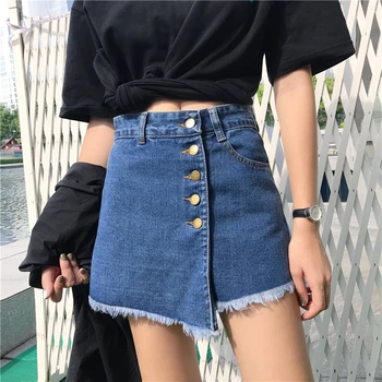 2020 мини-корейски дрехи копчета, дънкови поли, дамски черни, бели дънкови къси панталони с висока талия за лятото 3xl, дамски дънкови пола размер плюс