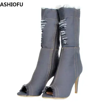 ASHIOFU/Нови дамски обувки ръчна изработка на среден ток от деним, кожа, есенни ботуши на висок ток с отворени пръсти, Чубрица клубни модни обувки за бала