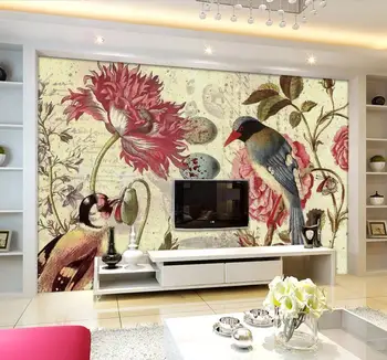 Beibehang тапети за декориране на дома дневна спалня стенописи Европейски стил ръчно рисувани цветя и птици фреска, 3d тапети