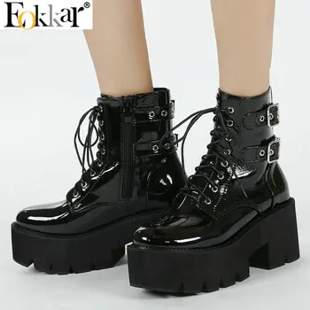 Eokkar/2021 г., женски ботильоны в готически стил, обувки на платформа, готически обувки, ботильоны от лачена кожа, дантела, ботильоны на блок обувки, зимни обувки