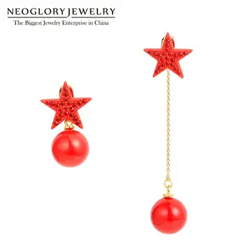 Neoglory Асиметрични Висящи Обеци с Кристали, под формата на червени звезди и топка За Жени, Бижута От Синтетични Перли и Кристали