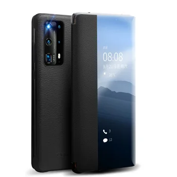 QIALINO Луксозен Калъф за телефон от естествена кожа Huawei P40 Pro + Plus с Панти капак Smart View Ultra Slim Case за Huawei P40/P30 Pro