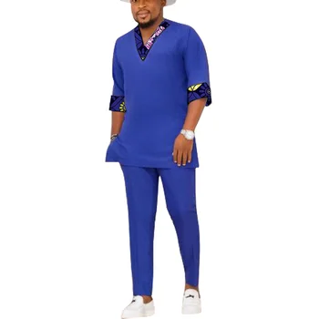 Африкански Модерни мъжки брючные комплекти, Сини Памучни Ризи в стил Мозайка + Обикновена Панталони, Блузи с V-образно деколте, Мъжки Сватбени Костюми на Младоженеца
