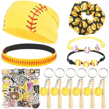 Бейзболна подарък чанта за жени и момичета, 100 Стикери за софтбол, 1 чанта за софтбол, 4 ключодържател за софтбол, 4 гумени ленти за коса за софтбол, Гривна за софтбол