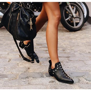 Дамски ботильоны, Модни дамски обувки с Нитове в ретро стил, есенно-зимни обувки с остри пръсти, дамски обувки на нисък ток, по-големи Размери 35-43, обувки