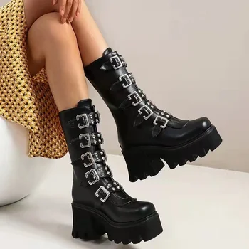 Дамски ботуши в стил пънк-рок, ботуши на висок ток на платформа с дебела подметка, красива, с цип отзад, по-големи размери, етап обувки, дамски обувки в готически стил