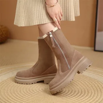Дамски обувки; зимни обувки 2021 г.; Модни обувки на дебелите обувки с кръгло бомбе; топли ботуши от овча вълна; Зимни обувки на меху в платформата