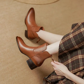 Есенни Женски Ботильоны, дамски обувки не сужающемся надолу масивна ток с остър пръсти, обувки от естествена Кожа, дамски черни обувки в стил ретро, зимни дамски Обувки