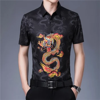 Изтънчен цветен дракон 3d печат с модерна риза с къс ръкав Лятна Нова качествена мека гладка ледена готина луксозна мъжка риза M-XXXL