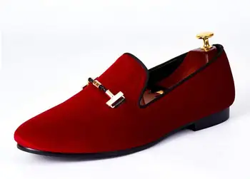 Италиански Мъжки Модел Обувки Сватбени Обувки с Катарама и Каишка Червено Кадифе Лоферы Размер 39-46