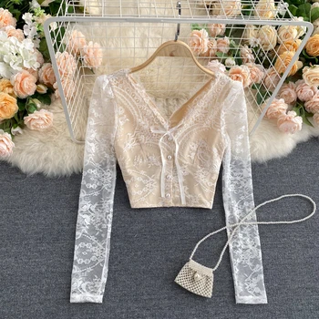 Луксозен Корея Модни Дамски Лейси Тениска С V-образно деколте и Лък, Отворена Блуза Отзад, Пролетно-есенна Долната Риза с дълъг ръкав, Потници