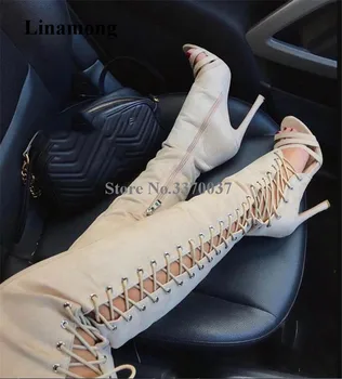 Маркови уникални стилни обувки-гладиатори от бежов велур с отворени пръсти, над коляното, на тънък Ток, с жлебовете от двете страни на високо Дългия Ток