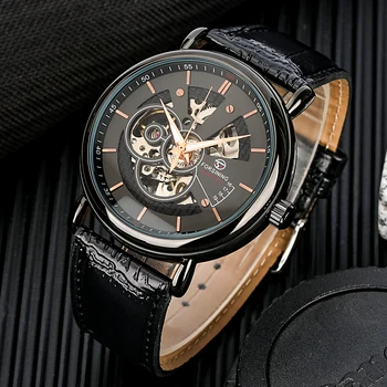 Механични Ръчни Часовници за Мъже, Автоматични Кожени Черни Часовници с виртуален скелет, Луксозни Модни Механични Часовници, Подарък за Мъже, Reloj Mecanico
