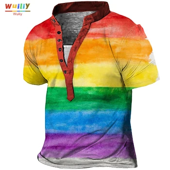 Мъжка риза Henley Rainbow, Новост, тениски с 3D Принтом, Цветни графики Тениски, Модерен Пигментоза Топ копчета в стил хип-хоп