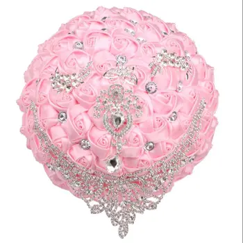 Популярни Букети за булката и шаферките ръчно изработени Букети с Брошью от Розова сатенена Роза, Сватбени аксесоари FS005