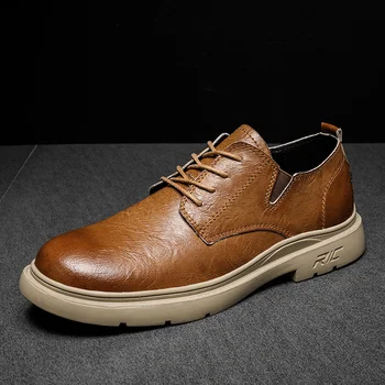 Пролет-есен мъжки ежедневни кожени обувки на равна подметка, благородна бизнес работна обувки, градинска марка обувки в стил дерби цвят каки, mocassin