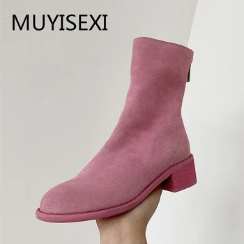 Розова Естествена еленова кожа на среден ток 4,5 cm, Зимни Дамски зимни обувки с цип Отзад, Ботильоны не сужающемся надолу масивна ток XL14 MUYISEXI