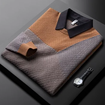цветен жаккардовый высококонтрастный дизайн, фалшиви две пуловери, на яката на мъжката риза, зимна дебел корейски модерен случайни вязаный пуловер