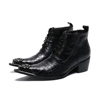 Черни мъжки Ботильоны от естествена кожа с остри пръсти и кръстосана шнур на висок метален ток, по-големи Размери 46, бизнес обувки в британски стил