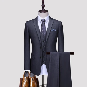 (Якета + Жилетка + Панталони) От 2021 Нови мъжки бизнес блейзери от чист памук/Мъжки оборудвана всекидневен костюм от три части/Модно рокля за булката S-5XL